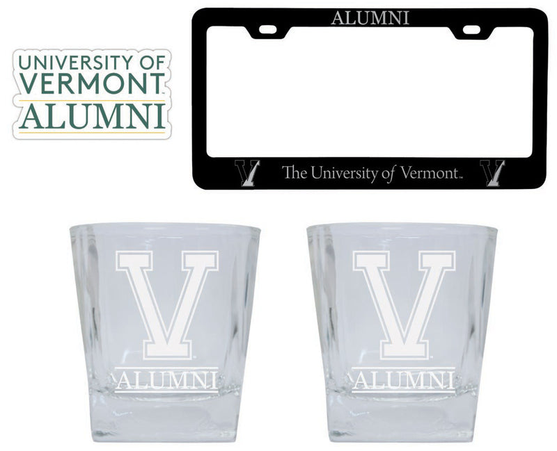 Vermont Catamounts Collegiate Alumni Gift Set Engraved Whiskey Glasses, License Plate Frame & Decal