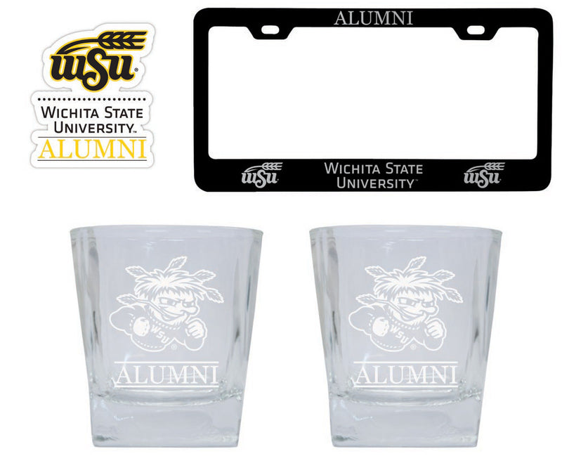 Wichita State Shockers Collegiate Alumni Gift Set Engraved Whiskey Glasses, License Plate Frame & Decal