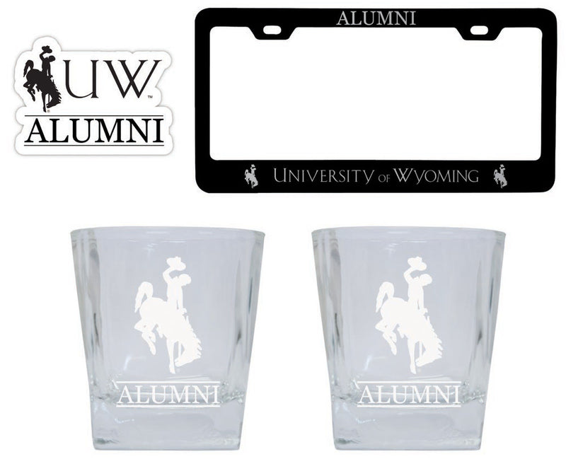 University of Wyoming Collegiate Alumni Gift Set Engraved Whiskey Glasses, License Plate Frame & Decal