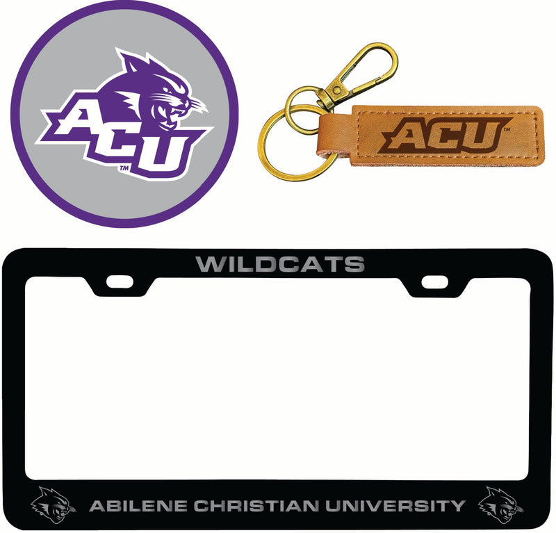 Abilene Christian University Officially Licensed Auto Pack - Engraved Metal License Plate Frame, Leather Keychain & 2-Pack Logo Stickers