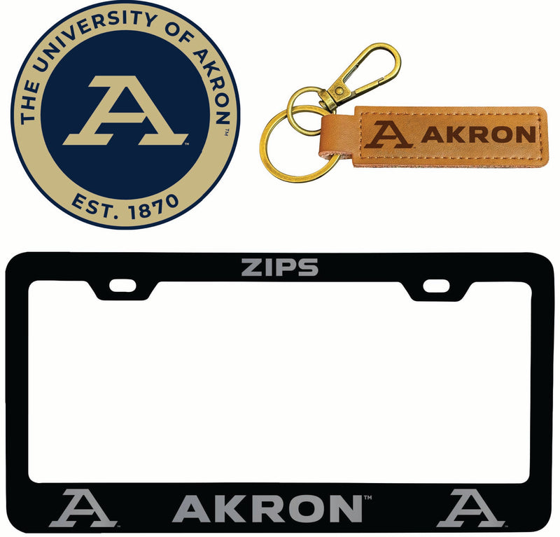 Akron Zips Officially Licensed Auto Pack - Engraved Metal License Plate Frame, Leather Keychain & 2-Pack Logo Stickers