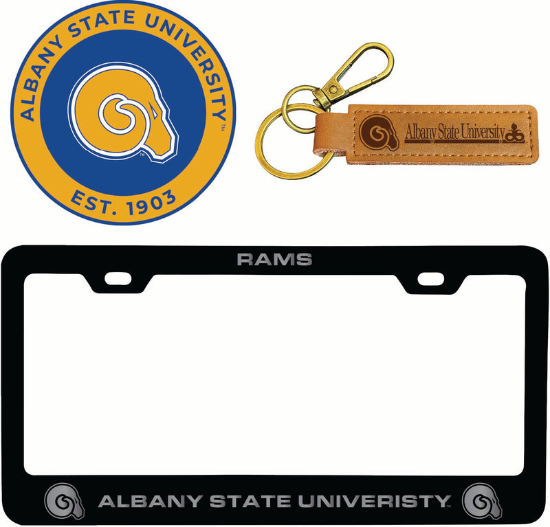 Albany State University Officially Licensed Auto Pack - Engraved Metal License Plate Frame, Leather Keychain & 2-Pack Logo Stickers