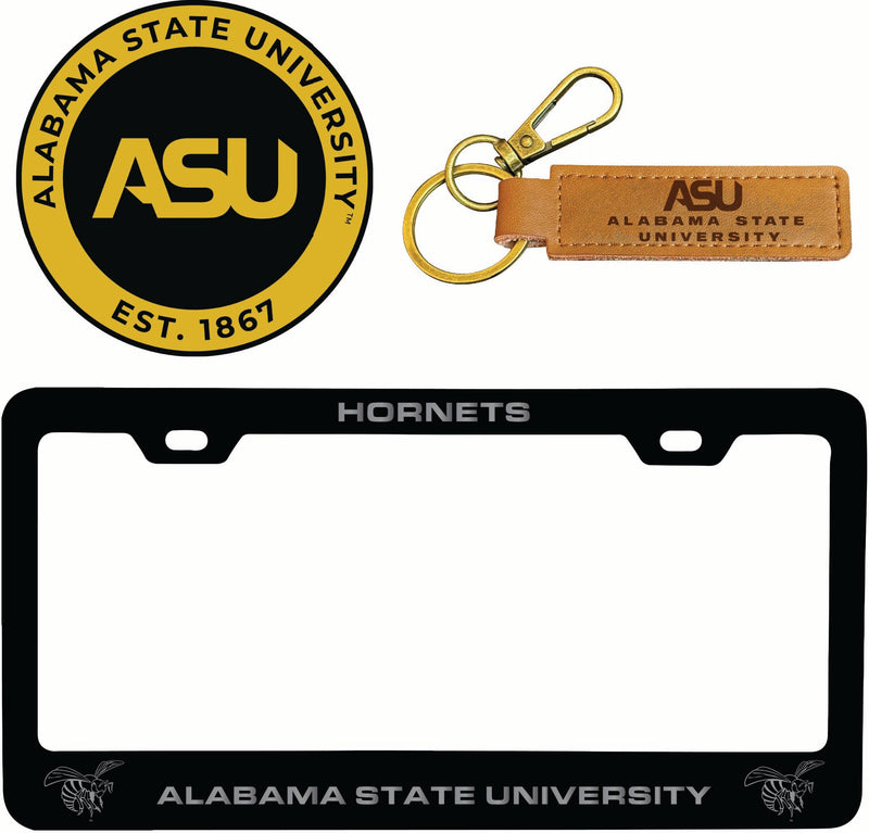 Alabama State University Officially Licensed Auto Pack - Engraved Metal License Plate Frame, Leather Keychain & 2-Pack Logo Stickers
