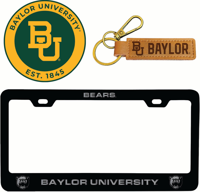 Baylor Bears Officially Licensed Auto Pack - Engraved Metal License Plate Frame, Leather Keychain & 2-Pack Logo Stickers