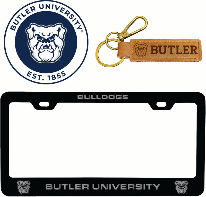 Butler Bulldogs Officially Licensed Auto Pack - Engraved Metal License Plate Frame, Leather Keychain & 2-Pack Logo Stickers