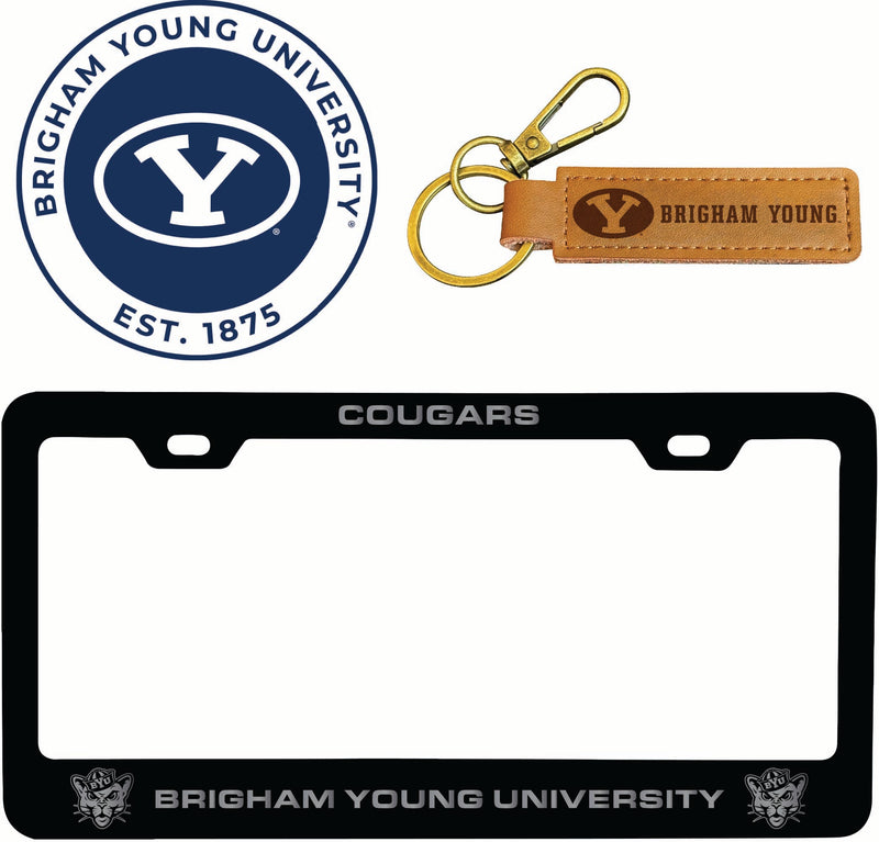 Brigham Young Cougars Officially Licensed Auto Pack - Engraved Metal License Plate Frame, Leather Keychain & 2-Pack Logo Stickers