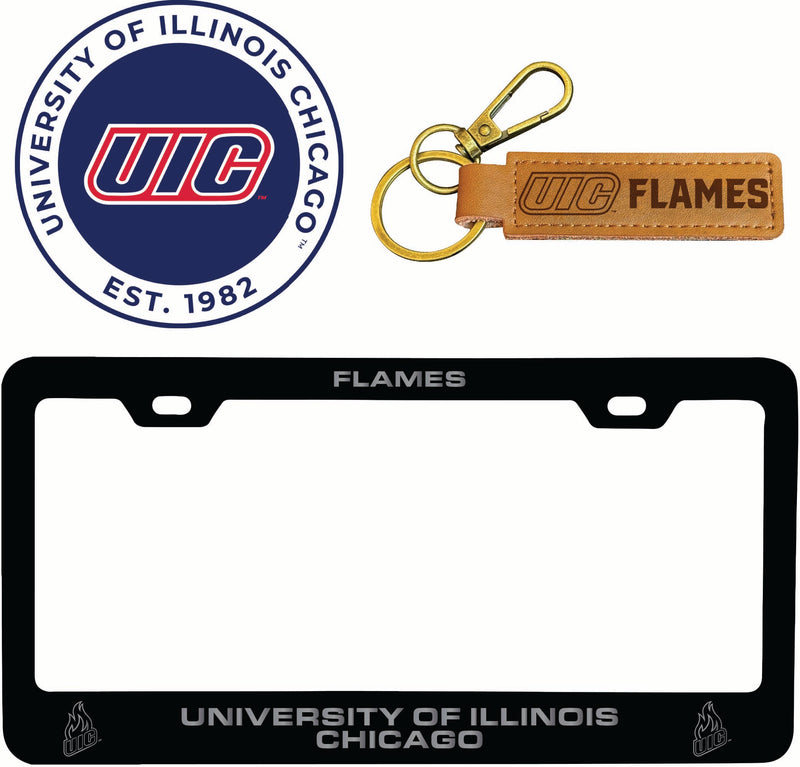 University of Illinois at Chicago Officially Licensed Auto Pack - Engraved Metal License Plate Frame, Leather Keychain & 2-Pack Logo Stickers