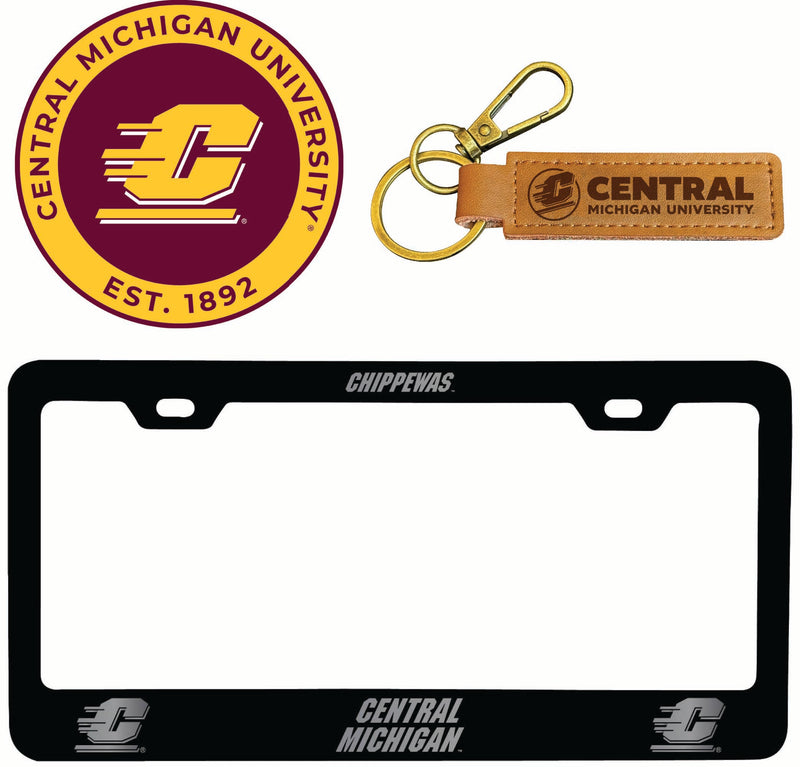 Central Michigan University Officially Licensed Auto Pack - Engraved Metal License Plate Frame, Leather Keychain & 2-Pack Logo Stickers