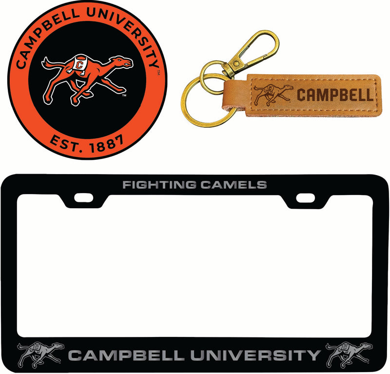 Campbell University Fighting Camels Officially Licensed Auto Pack - Engraved Metal License Plate Frame, Leather Keychain & 2-Pack Logo Stickers