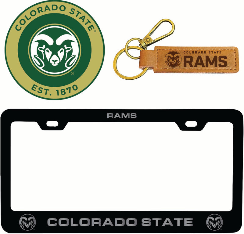 Colorado State Rams Officially Licensed Auto Pack - Engraved Metal License Plate Frame, Leather Keychain & 2-Pack Logo Stickers
