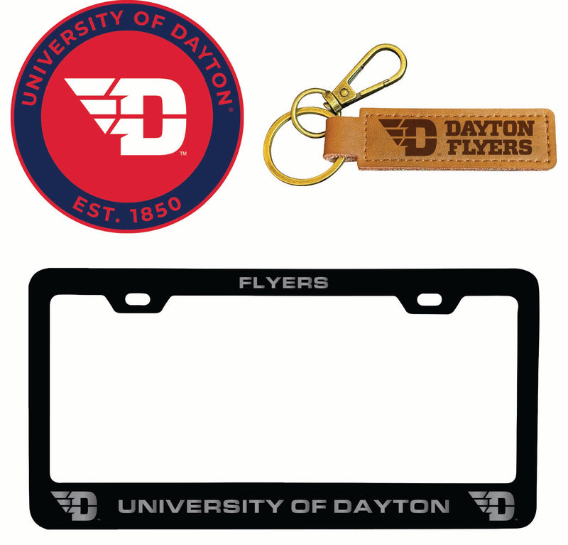 Dayton Flyers Officially Licensed Auto Pack - Engraved Metal License Plate Frame, Leather Keychain & 2-Pack Logo Stickers