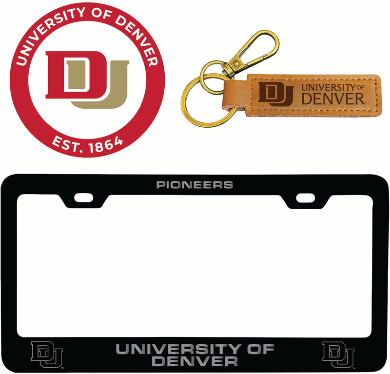 University of Denver Pioneers Officially Licensed Auto Pack - Engraved Metal License Plate Frame, Leather Keychain & 2-Pack Logo Stickers