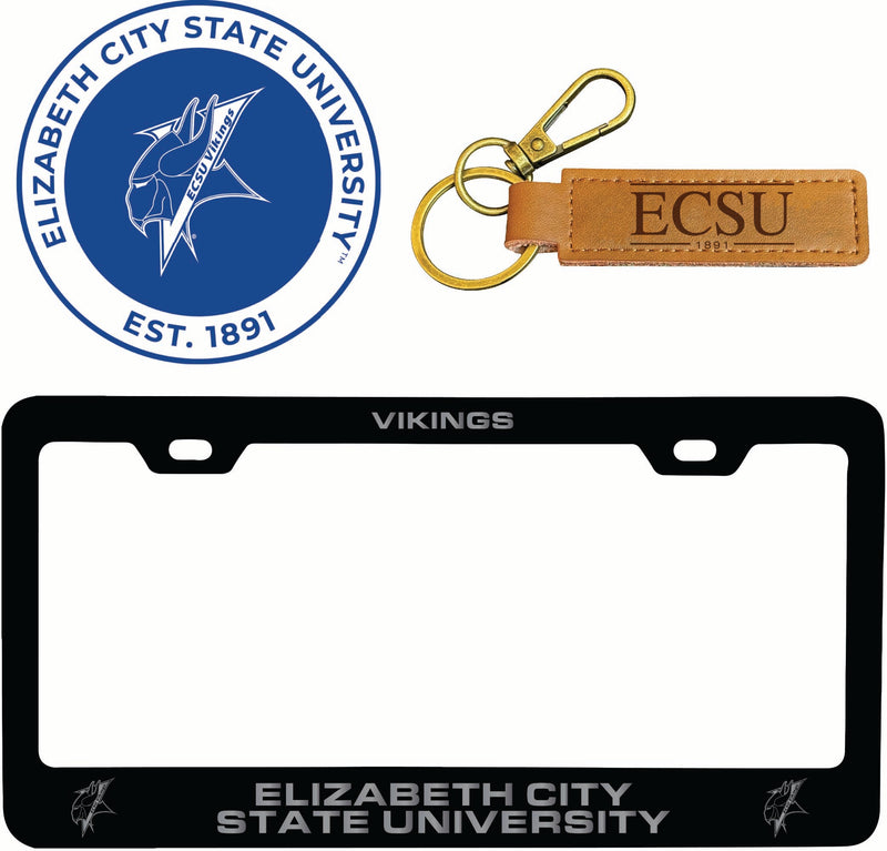 Elizabeth City State University Officially Licensed Auto Pack - Engraved Metal License Plate Frame, Leather Keychain & 2-Pack Logo Stickers