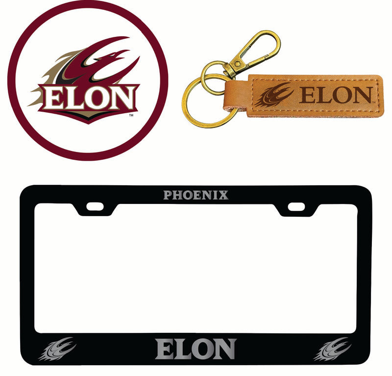 Elon University Officially Licensed Auto Pack - Engraved Metal License Plate Frame, Leather Keychain & 2-Pack Logo Stickers