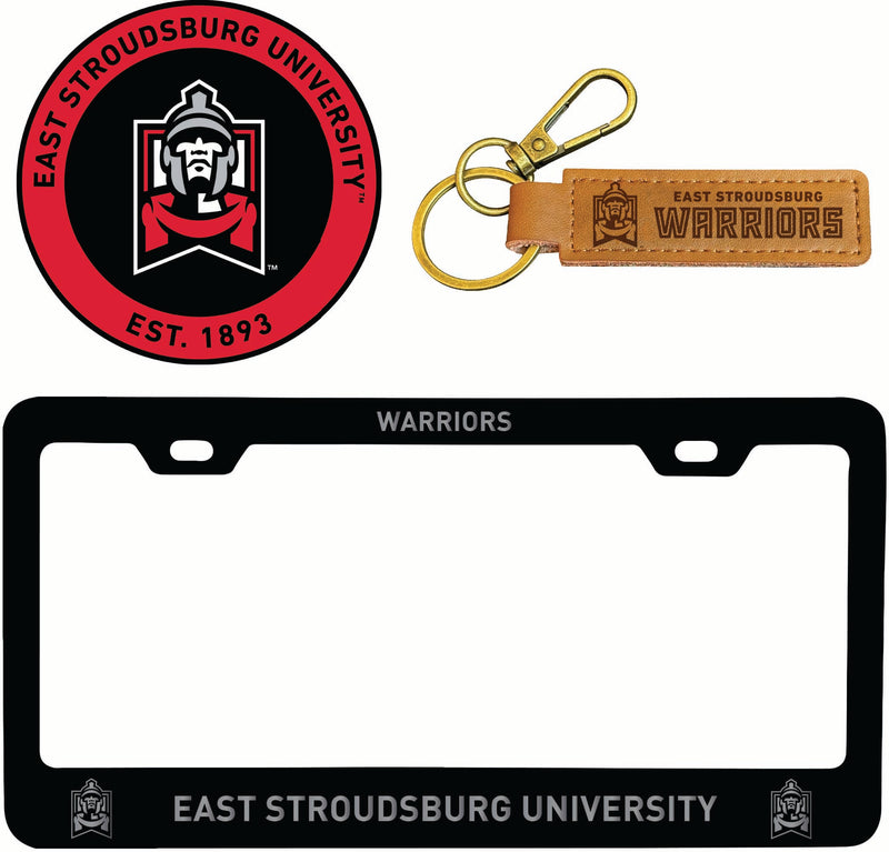 East Stroudsburg University Officially Licensed Auto Pack - Engraved Metal License Plate Frame, Leather Keychain & 2-Pack Logo Stickers
