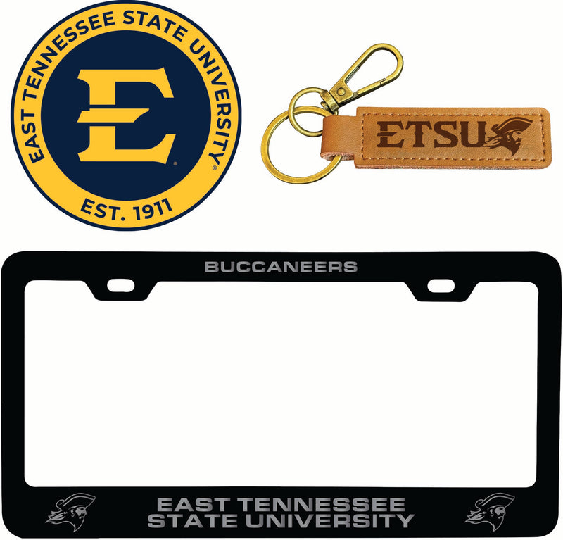 East Tennessee State University Officially Licensed Auto Pack - Engraved Metal License Plate Frame, Leather Keychain & 2-Pack Logo Stickers