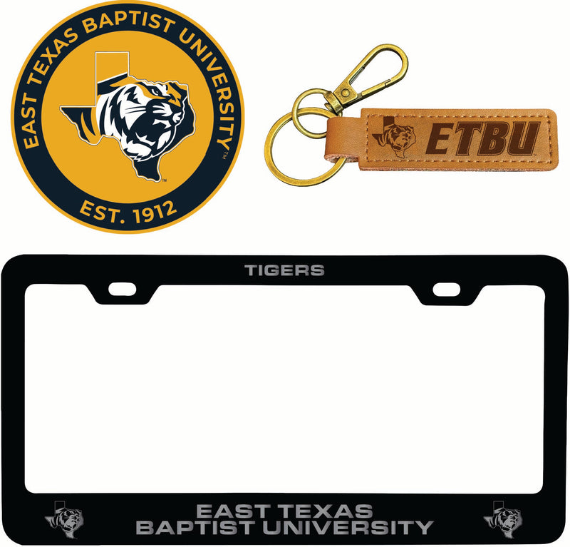 East Texas Baptist University Officially Licensed Auto Pack - Engraved Metal License Plate Frame, Leather Keychain & 2-Pack Logo Stickers