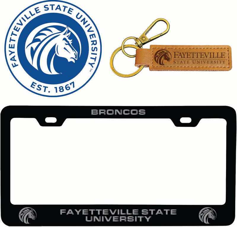 Fayetteville State University Officially Licensed Auto Pack - Engraved Metal License Plate Frame, Leather Keychain & 2-Pack Logo Stickers