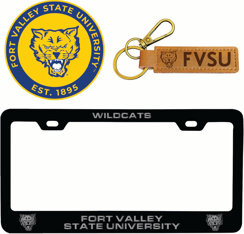 Fort Valley State University Officially Licensed Auto Pack - Engraved Metal License Plate Frame, Leather Keychain & 2-Pack Logo Stickers