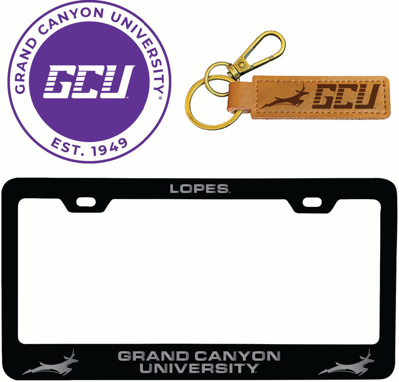 Grand Canyon University Lopes Officially Licensed Auto Pack - Engraved Metal License Plate Frame, Leather Keychain & 2-Pack Logo Stickers