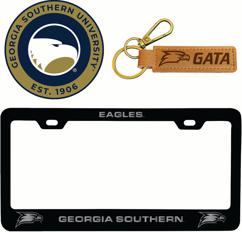 Georgia Southern Eagles Officially Licensed Auto Pack - Engraved Metal License Plate Frame, Leather Keychain & 2-Pack Logo Stickers