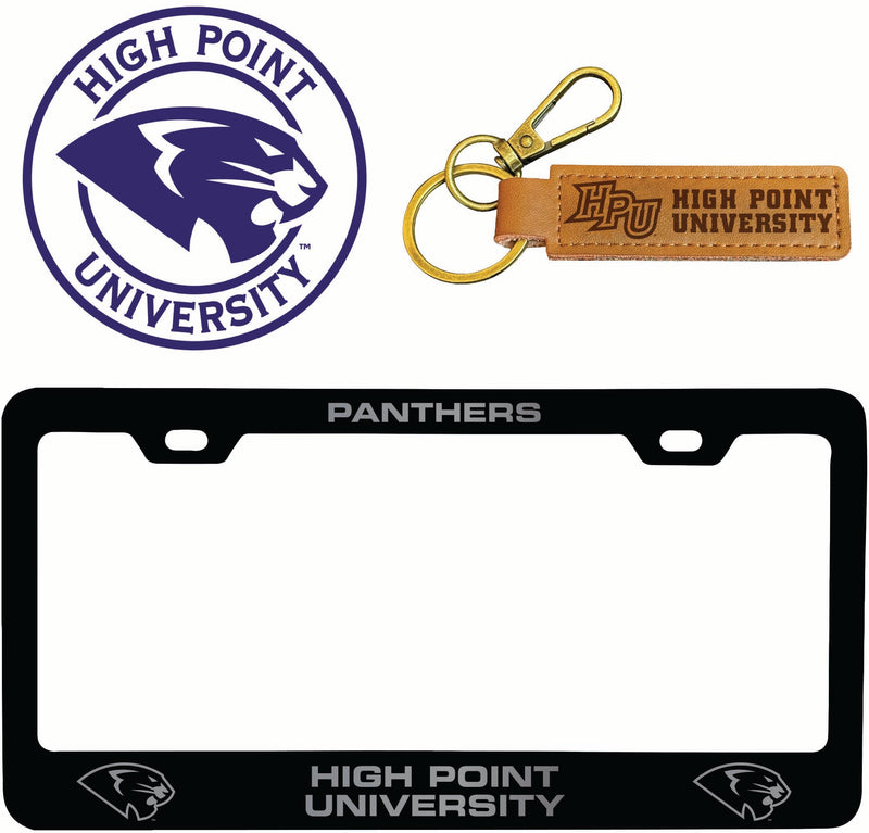 High Point University Officially Licensed Auto Pack - Engraved Metal License Plate Frame, Leather Keychain & 2-Pack Logo Stickers