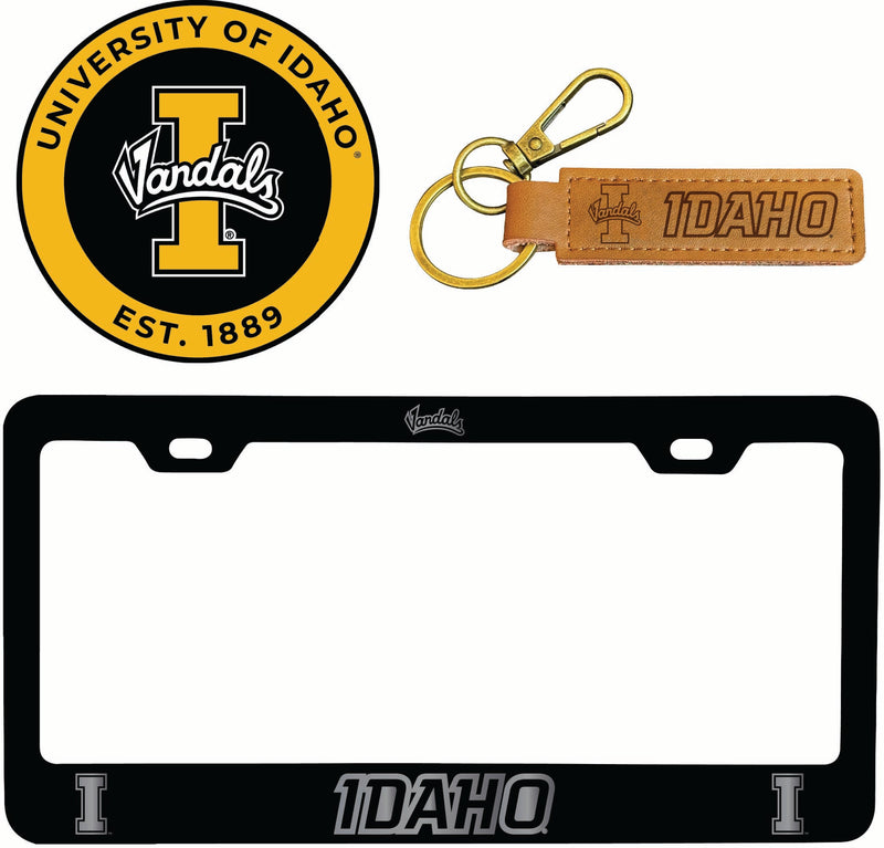 Idaho Vandals Officially Licensed Auto Pack - Engraved Metal License Plate Frame, Leather Keychain & 2-Pack Logo Stickers