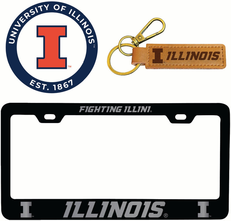 Illinois Fighting Illini Officially Licensed Auto Pack - Engraved Metal License Plate Frame, Leather Keychain & 2-Pack Logo Stickers