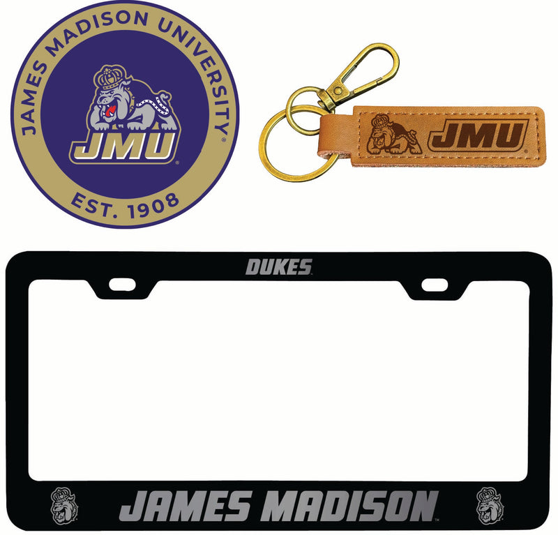 James Madison Dukes Officially Licensed Auto Pack - Engraved Metal License Plate Frame, Leather Keychain & 2-Pack Logo Stickers