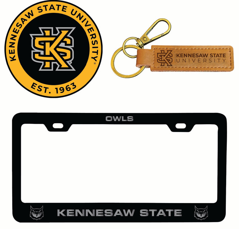 Kennesaw State University Officially Licensed Auto Pack - Engraved Metal License Plate Frame, Leather Keychain & 2-Pack Logo Stickers