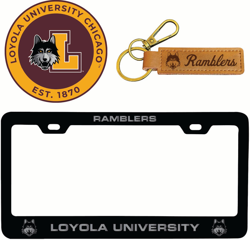 Loyola University Ramblers Officially Licensed Auto Pack - Engraved Metal License Plate Frame, Leather Keychain & 2-Pack Logo Stickers