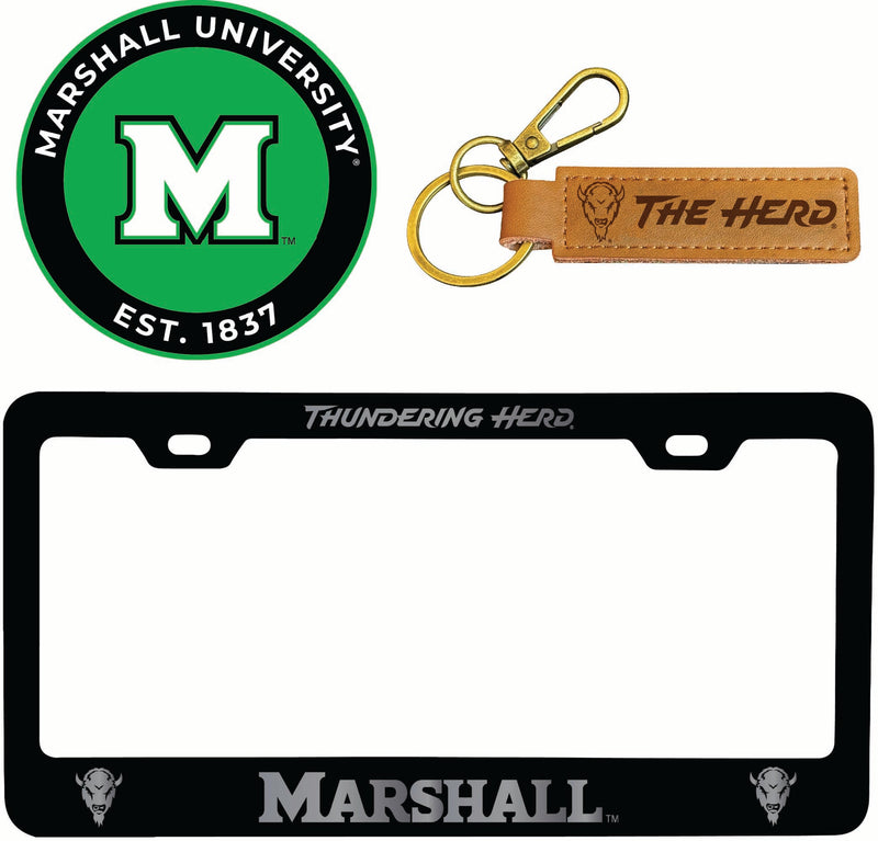 Marshall Thundering Herd Officially Licensed Auto Pack - Engraved Metal License Plate Frame, Leather Keychain & 2-Pack Logo Stickers