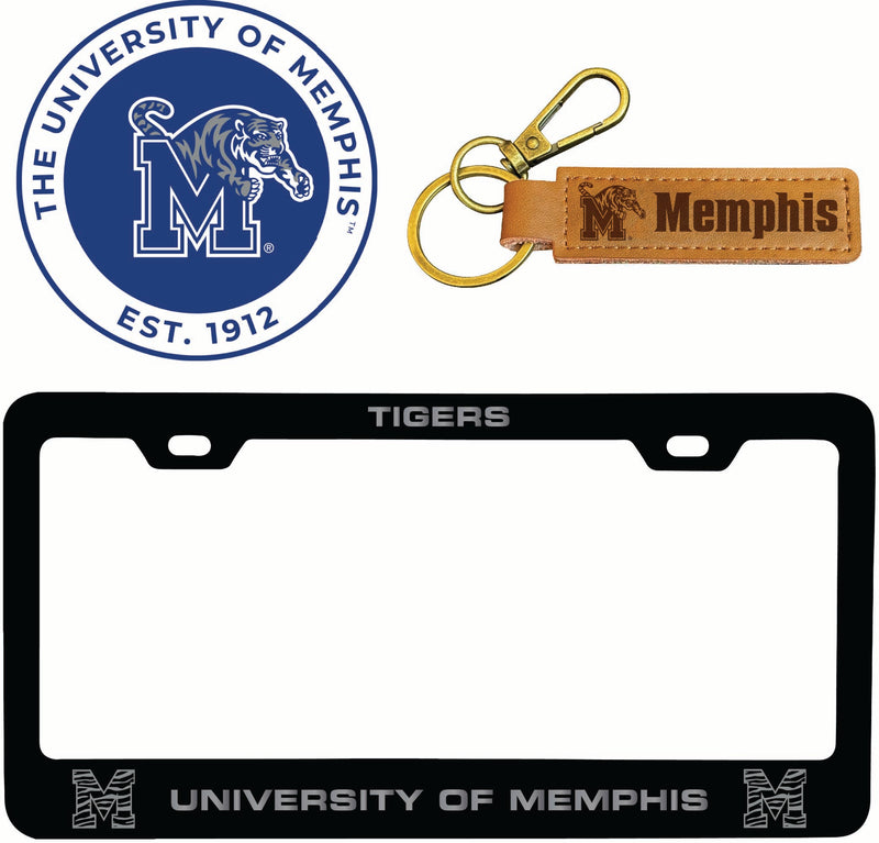 Memphis Tigers Officially Licensed Auto Pack - Engraved Metal License Plate Frame, Leather Keychain & 2-Pack Logo Stickers