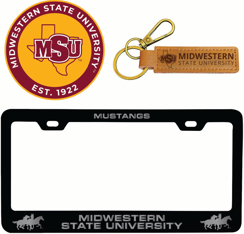 Midwestern State University Mustangs Officially Licensed Auto Pack - Engraved Metal License Plate Frame, Leather Keychain & 2-Pack Logo Stickers