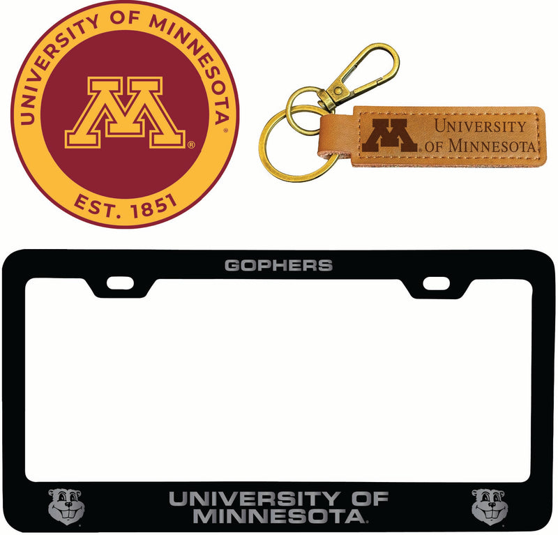 Minnesota Gophers Officially Licensed Auto Pack - Engraved Metal License Plate Frame, Leather Keychain & 2-Pack Logo Stickers