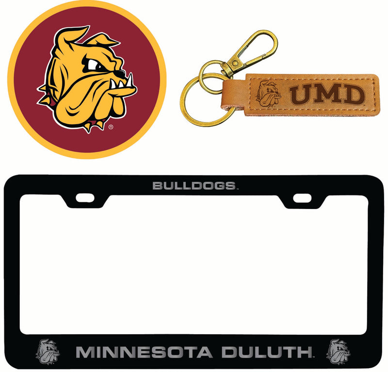 Minnesota Duluth Bulldogs Officially Licensed Auto Pack - Engraved Metal License Plate Frame, Leather Keychain & 2-Pack Logo Stickers