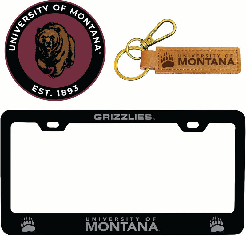 Montana University Officially Licensed Auto Pack - Engraved Metal License Plate Frame, Leather Keychain & 2-Pack Logo Stickers