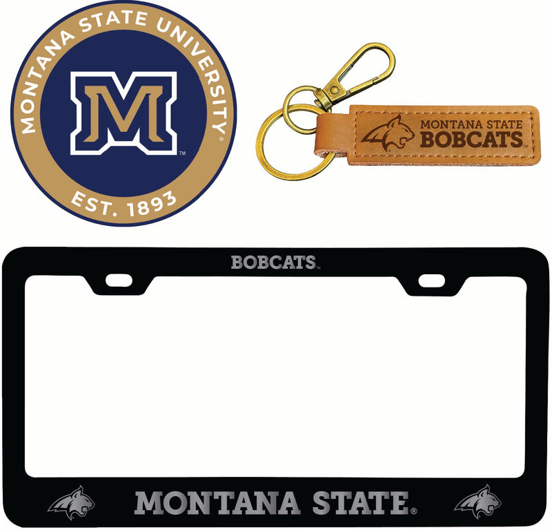 Montana State Bobcats Officially Licensed Auto Pack - Engraved Metal License Plate Frame, Leather Keychain & 2-Pack Logo Stickers