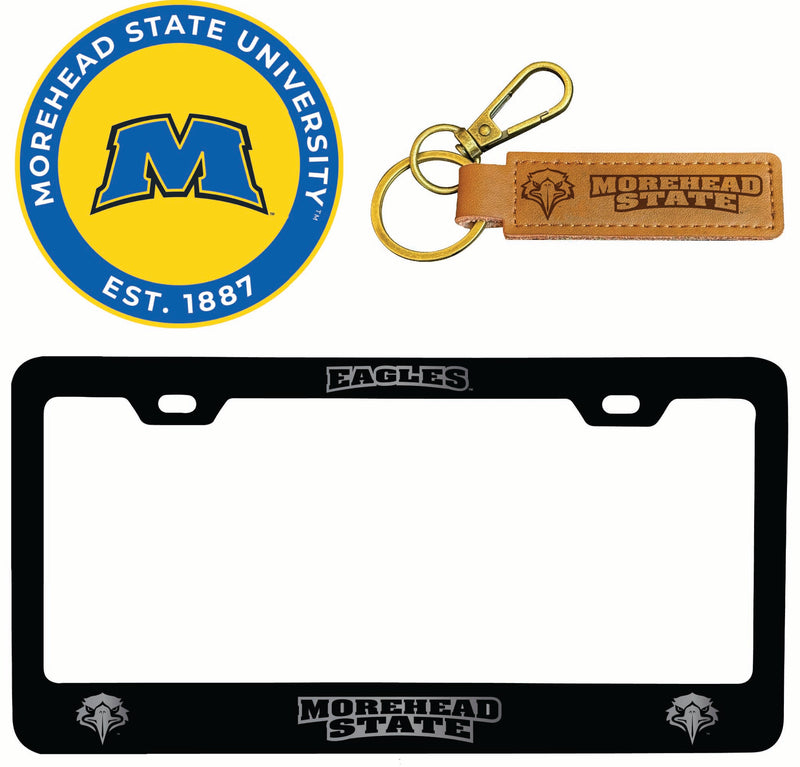 Morehead State University Officially Licensed Auto Pack - Engraved Metal License Plate Frame, Leather Keychain & 2-Pack Logo Stickers