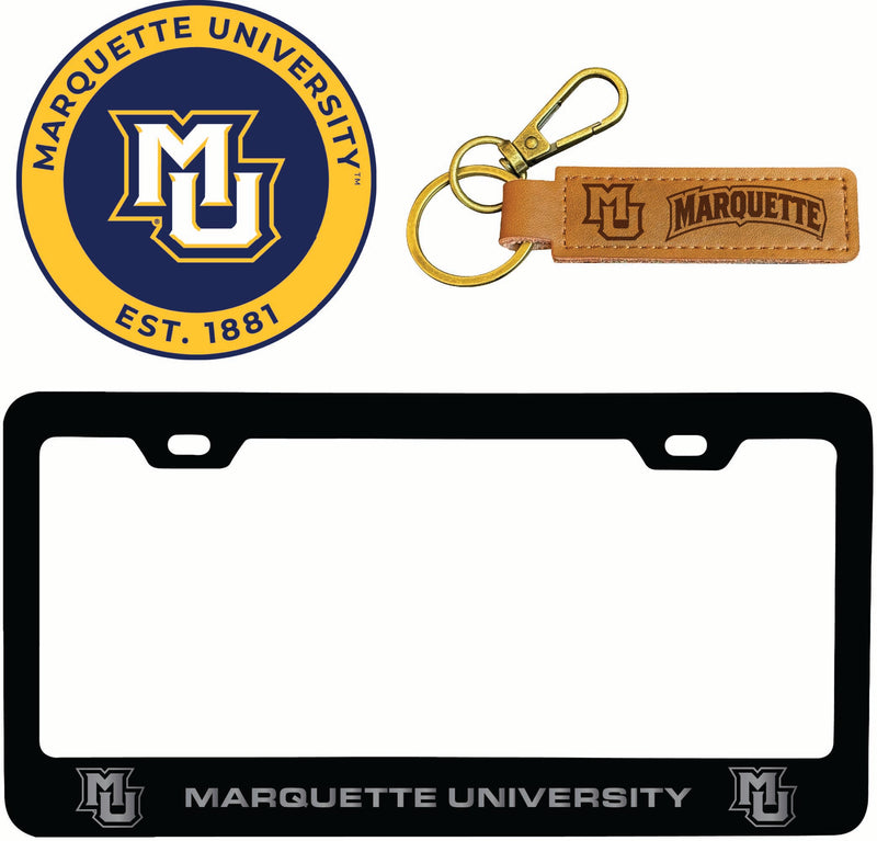 Marquette Golden Eagles Officially Licensed Auto Pack - Engraved Metal License Plate Frame, Leather Keychain & 2-Pack Logo Stickers
