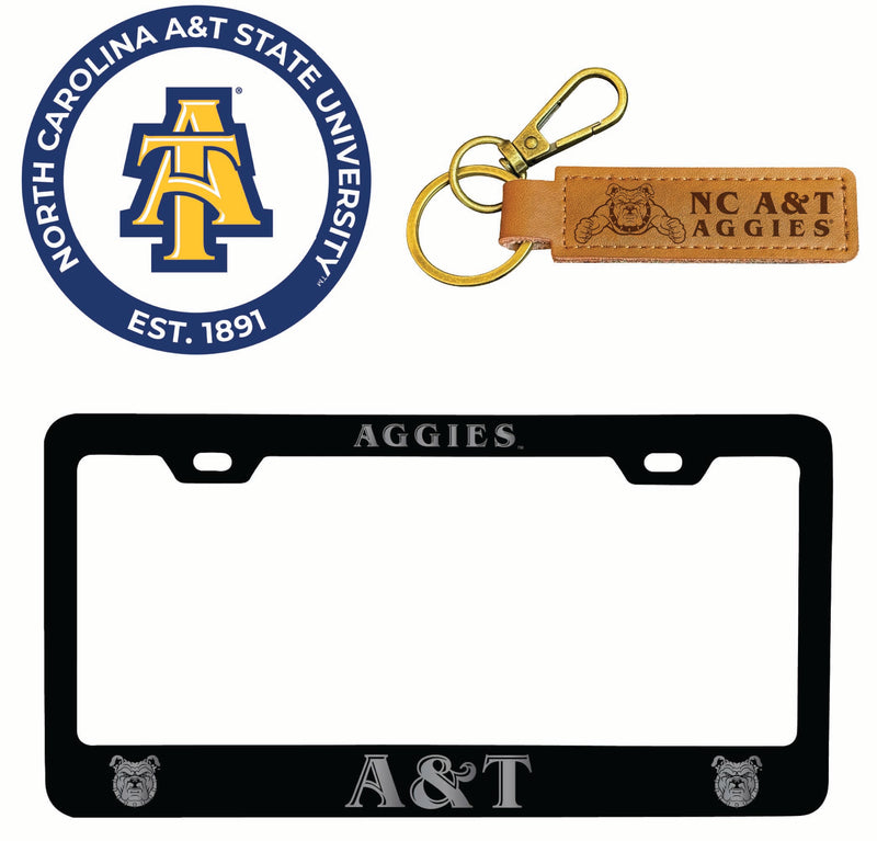 North Carolina A&T State Aggies Officially Licensed Auto Pack - Engraved Metal License Plate Frame, Leather Keychain & 2-Pack Logo Stickers