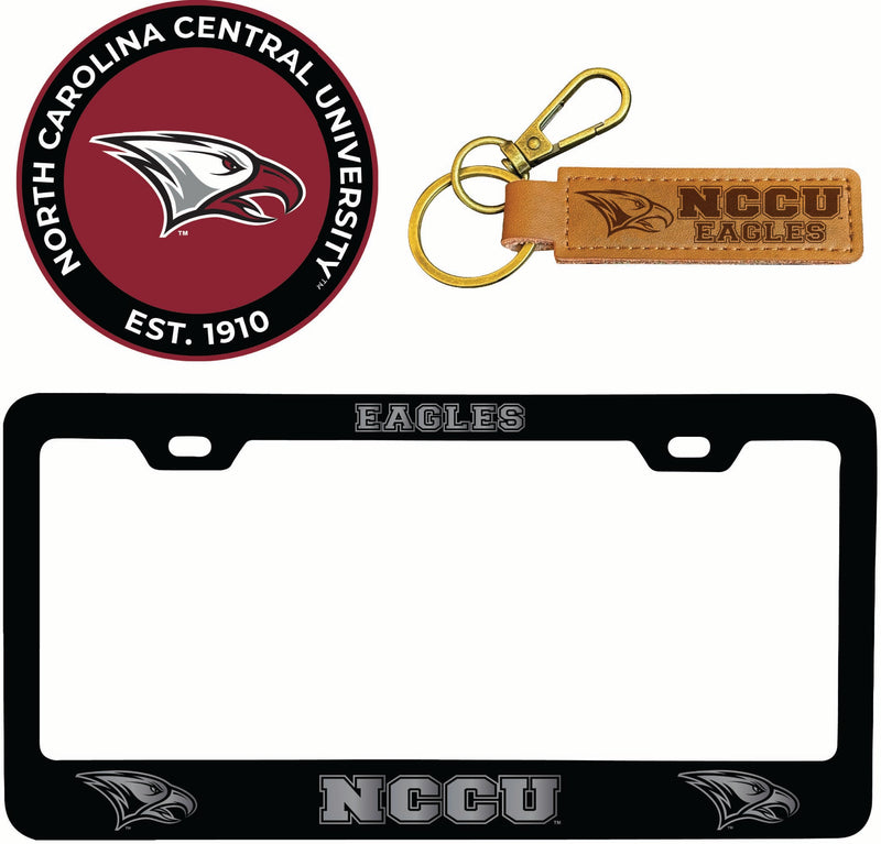North Carolina Central Eagles Officially Licensed Auto Pack - Engraved Metal License Plate Frame, Leather Keychain & 2-Pack Logo Stickers