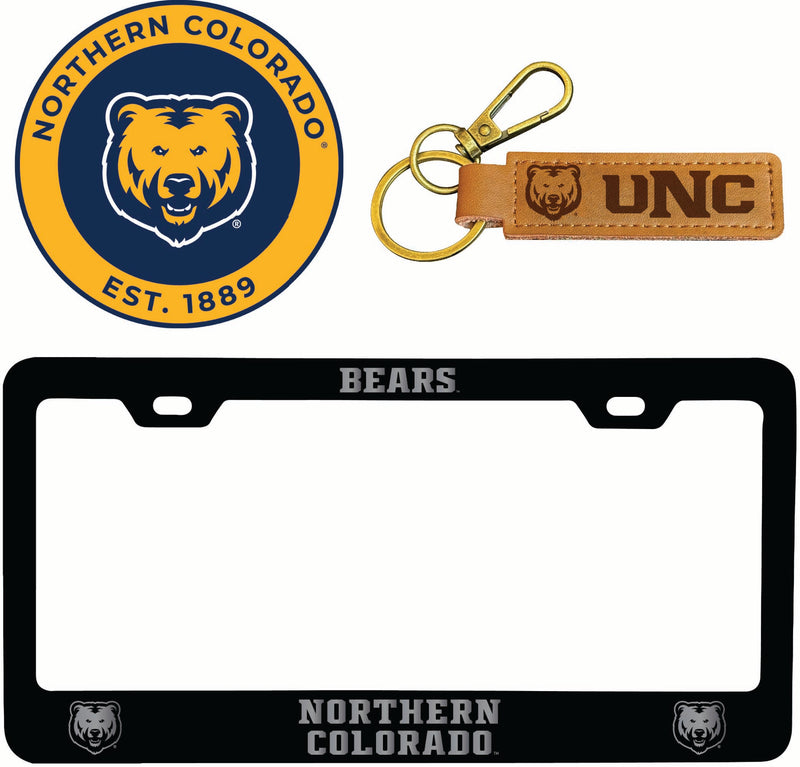Northern Colorado Bears Officially Licensed Auto Pack - Engraved Metal License Plate Frame, Leather Keychain & 2-Pack Logo Stickers