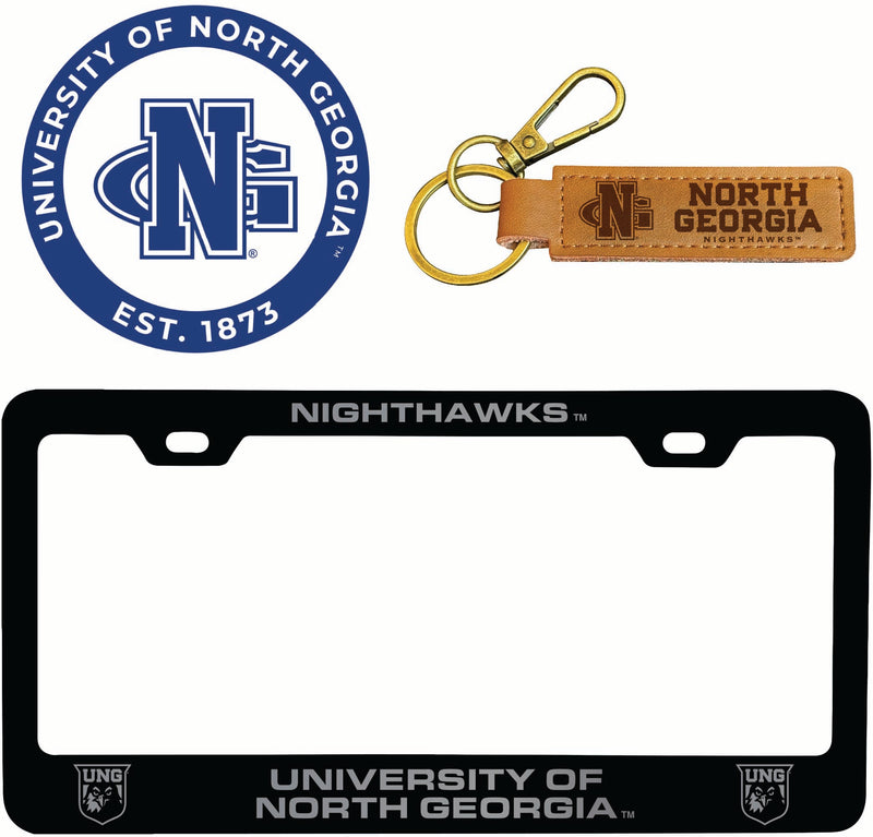 North Georgia Nighthawks Officially Licensed Auto Pack - Engraved Metal License Plate Frame, Leather Keychain & 2-Pack Logo Stickers