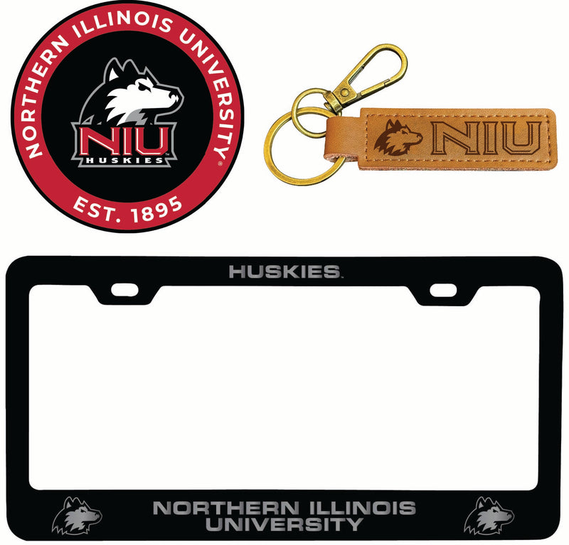 Northern Illinois Huskies Officially Licensed Auto Pack - Engraved Metal License Plate Frame, Leather Keychain & 2-Pack Logo Stickers