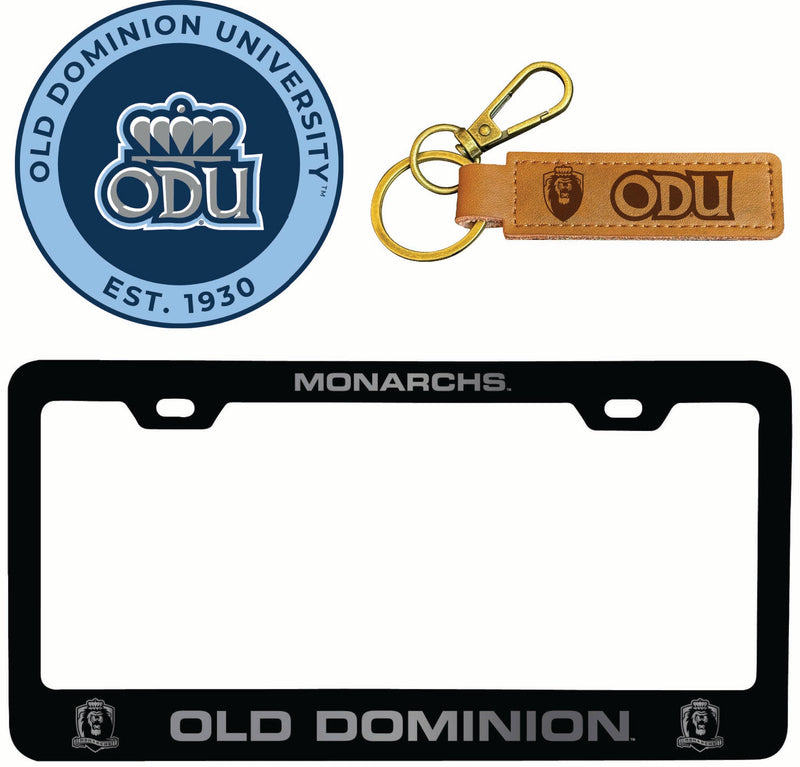 Old Dominion Monarchs Officially Licensed Auto Pack - Engraved Metal License Plate Frame, Leather Keychain & 2-Pack Logo Stickers