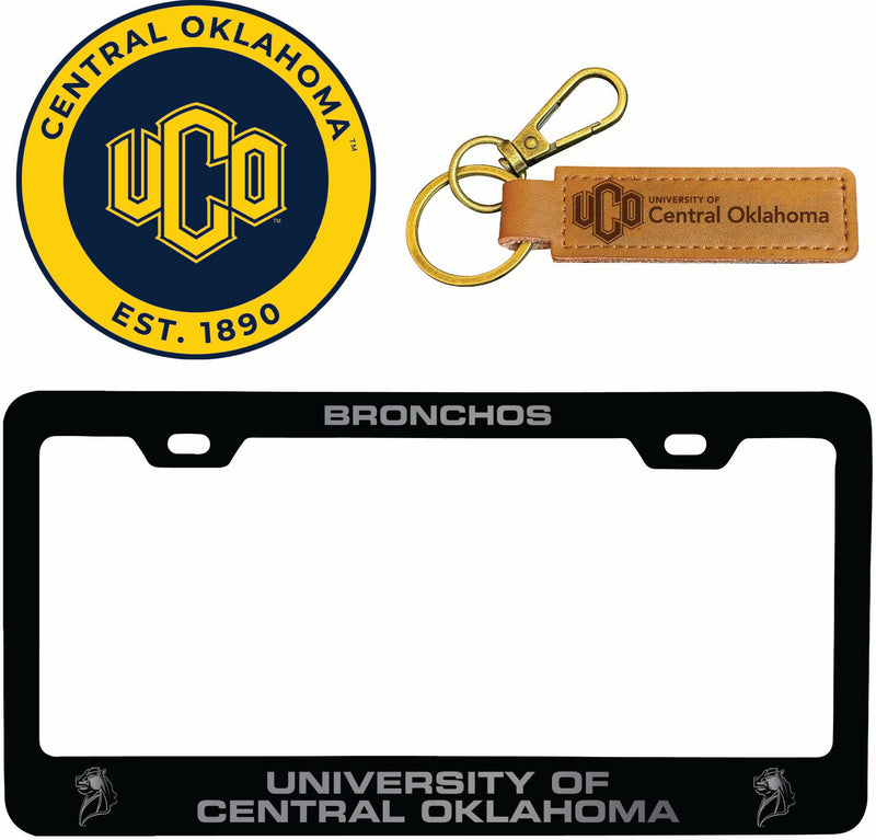 University of Central Oklahoma Bronchos Officially Licensed Auto Pack - Engraved Metal License Plate Frame, Leather Keychain & 2-Pack Logo Stickers
