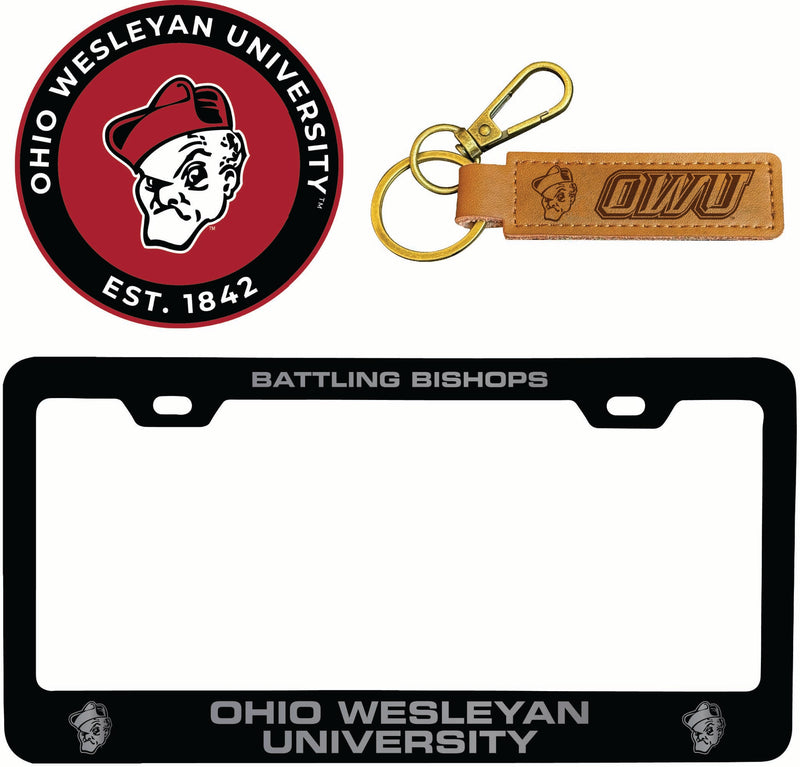 Ohio Wesleyan University Officially Licensed Auto Pack - Engraved Metal License Plate Frame, Leather Keychain & 2-Pack Logo Stickers