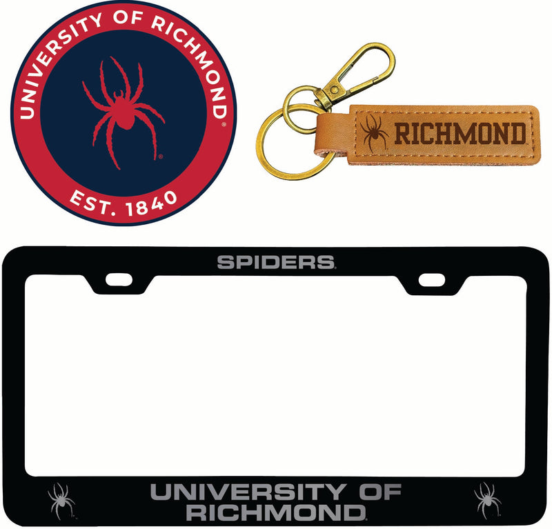 Richmond Spiders Officially Licensed Auto Pack - Engraved Metal License Plate Frame, Leather Keychain & 2-Pack Logo Stickers