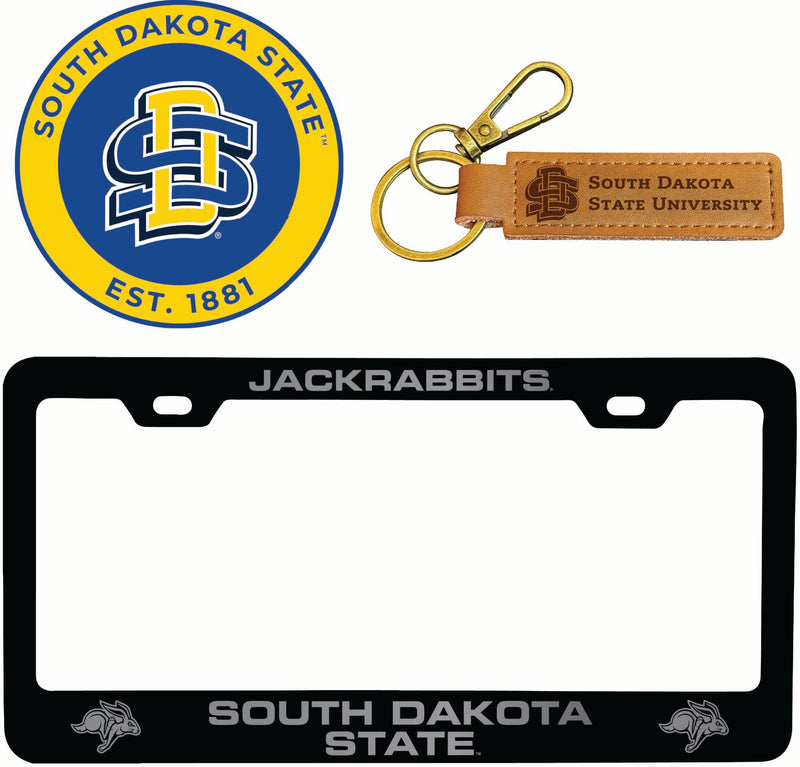 South Dakota State Jackrabbits Officially Licensed Auto Pack - Engraved Metal License Plate Frame, Leather Keychain & 2-Pack Logo Stickers